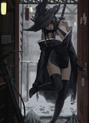  1girl bare_shoulders black_gloves black_hair black_thighhighs breasts cleavage dress eyeshadow gloves hat highres jewelry katana lipstick makeup neo_(neorarty3) off-shoulder_dress off_shoulder original red_eyes shoulder_tattoo snow snowing solo sword tattoo thighhighs weapon witch_hat 