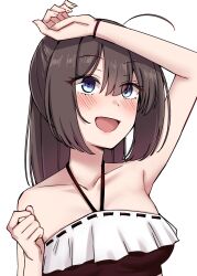  1girl absurdres akizuki_(kancolle) arm_up bare_shoulders bikini black_hair blue_eyes blush breasts commentary_request frilled_bikini frills hair_between_eyes halterneck highres kantai_collection kiritto long_hair medium_breasts open_mouth ponytail simple_background solo swimsuit upper_body white_background 
