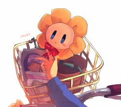  1other :o bicycle blue_eyes blush_stickers book bow bowtie commentary_request flower flower_focus flower_pot flowey_(undertale) food frisk_(undertale) long_sleeves looking_at_hand looking_at_viewer open_mouth pie pie_slice plant pov pov_hands red_bow red_bowtie simple_background single_blush_sticker smy_610 solid_oval_eyes thorns undertale vines white_background yellow_flower 