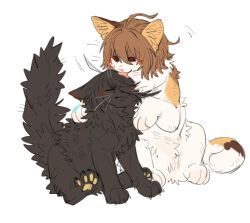  2girls aaasakawa agnes_tachyon_(umamusume) ahoge animalization black_cat black_fur brown_fur calico_cat cat elemental_hero_wildheart expressive_hair grooming hair_between_eyes highres licking licking_another&#039;s_neck long_bangs long_hair_between_eyes manhattan_cafe_(umamusume) motion_lines multiple_girls red_eyes simple_background umamusume white_background white_fur yellow_eyes 