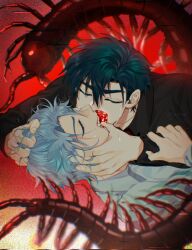  2boys alien_stage black_shirt bug centipede closed_eyes collared_shirt commentary english_commentary gem hand_on_another&#039;s_face hand_on_another&#039;s_head highres holding_another&#039;s_arm ivan_(alien_stage) joikzo kiss male_focus multiple_boys red_background shirt signature tears teeth till_(alien_stage) white_shirt yaoi 