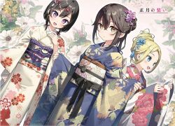  3girls black_hair blonde_hair blue_eyes blue_kimono blush closed_mouth elsa_muller_(sasaki_to_p-chan) floral_print floral_print_kimono flower hair_between_eyes hair_flower hair_ornament hoshizaki_(sasaki_to_p-chan) japanese_clothes kantoku kimono long_hair looking_at_viewer multiple_girls new_year obi open_mouth otonari-san_(sasaki_to_p-chan) print_kimono purple_eyes red_kimono sasaki_to_p-chan sash smile white_kimono yellow_eyes 