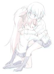  2girls black_skirt black_socks blue_eyes blue_hair closed_eyes couple hair_ornament hairclip hand_on_another&#039;s_shoulder hands_on_another&#039;s_waist high_ponytail highres hug invisible_chair kneeling long_hair mahou_shoujo_madoka_magica mahou_shoujo_madoka_magica_(anime) miki_sayaka mitakihara_school_uniform multiple_girls plaid_clothes plaid_skirt ponytail red_hair sakura_kyoko school_uniform short_hair sitting skirt socks yuri zashikiori 