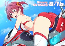  1girl absurdres ass blue_sky buruma cloud commentary_request driving elbow_gloves from_behind gloves happy_birthday highres isshiki_akane looking_at_viewer looking_back motor_vehicle motorcycle nonbe orange_eyes red_buruma red_hair red_sports_bra short_hair sky solo sports_bikini sports_bra thighhighs two_side_up vividred_operation white_gloves white_thighhighs 