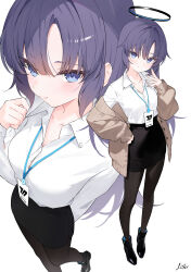  1girl absurdres alternate_costume black_boots black_pantyhose black_skirt blue_archive boots brown_cardigan cardigan commentary_request halo highres lisu long_hair mechanical_halo name_tag office_lady pantyhose purple_eyes purple_hair shirt simple_background skirt white_background white_shirt yuuka_(blue_archive) 