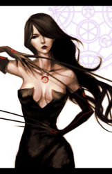 00s 1girl bare_shoulders black_dress black_gloves black_hair black_lips breasts cleavage dress female_focus fullmetal_alchemist gloves hair_over_one_eye homunculus lipstick long_hair lust_(fma) magic_circle makeup ouroboros realistic solo strapless strapless_dress tattoo rating:Sensitive score:48 user:danbooru