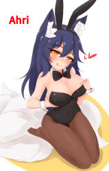 1girl ahri_(league_of_legends) alternate_costume animal_ears ayatori_(aytr) black_bow black_bowtie black_leotard blue_hair bow bowtie breasts brown_pantyhose character_name cleavage closed_mouth collar covered_navel detached_collar dot_nose fake_animal_ears female_focus fox_ears fox_girl fox_tail from_above full_body grabbing_own_breast large_breasts league_of_legends leotard licking_lips long_hair looking_at_viewer looking_up naughty_face pantyhose playboy_bunny rabbit_ears seiza simple_background sitting smile solo strapless strapless_leotard tail tongue tongue_out two-tone_background vastaya white_background white_collar yellow_background yellow_eyes