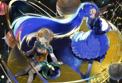  2girls apron arm_support astronaut azumame_tetora beamed_eighth_notes black_dress blonde_hair blue_eyes blue_hair bow_(music) braided_sidelock closed_eyes closed_mouth colored_inner_hair dress facing_up foot_out_of_frame frilled_apron frills from_above full_body hair_bun hair_intakes helmet highres holding holding_bow_(music) holding_instrument holding_violin instrument juliet_sleeves kiperina long_hair long_sleeves looking_at_viewer multicolored_hair multiple_girls music musical_note musical_staff no_shoes pantyhose planet playing_instrument profile puffy_sleeves reverse:1999 school_uniform sitting soviet_school_uniform space_helmet spacesuit standing star_(sky) starry_sky_background unworn_headwear unworn_helmet very_long_hair violin voyager_(fate) voyager_golden_record white_pantyhose 