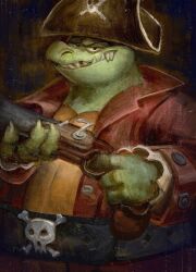  1boy absurdres antique_firearm blunderbuss brown_coat coat colored_skin crocodilian donkey_kong_(series) donkey_kong_country_2 firearm green_skin gun hat highres holding holding_gun holding_weapon king_k._rool looking_at_viewer luis_huerta male_focus nintendo pirate_hat skull_and_crossbones solo weapon 