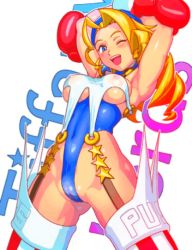  1boy 1girl animated animated_gif arms_up blonde_hair blue_eyes boman_delgado boxing_gloves breasts capcom cleft_of_venus closed_eye cum cum_on_body dark-skinned_male dark_skin justice_gakuen naughty_face penis pussy tiffany_lords tkgoishi tongue tongue_out veins veiny_penis 