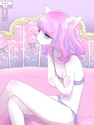  1girl animal_ears artist_name blue_eyes bra breasts cat_ears cat_girl clock female_focus furry furry_female multicolored_hair navel on_bed original panties pink_hair purple_bra purple_hair purple_panties sebone_dead small_breasts solo underwear wall_clock whiskers  rating:Sensitive score:23 user:Dweenie