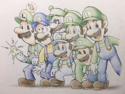  black_hair blue_eyes brown_hair chibi facial_hair hat highres luigi mario_&amp;_luigi_rpg mario_(series) mario_bros. mustache nintendo nose_rub overalls paper_mario petu_san shirt shoes smile super_mario_bros.:_peach-hime_kyushutsu_dai_sakusen! super_mario_bros._1 super_mario_bros._2 traditional_media 