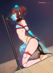  1boy androgynous bdsm blue_eyes bondage bound bound_arms braid brown_hair bulge collar commission crop_top dildo dildo_riding doll_joints egg_vibrator erection erection_under_clothes fellatio french_braid hair_bun harem_outfit highres joints male_focus male_penetrated matemi mouth_veil oral original penis_vibrator profile red_rope restrained rope sandals sex_toy shibari shibari_over_clothes trap veil vibrator vibrator_on_penis 