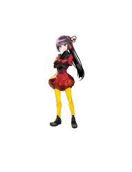  1girl alice_soft black_gloves black_hair black_sailor_collar black_shoes breasts crossed_arms dohna_dohna_issho_ni_warui_koto_o_shiyou dress elbow_gloves evil_grin evil_smile full_body game_cg gloves grin hair_ornament highres long_hair looking_to_the_side official_art onono_imoko pantyhose pleated_dress ponytail red_dress red_eyes sailor_collar sailor_dress sharp_teeth shoes short_sleeves smile solo sprite standing teeth transparent_background tsuina_(dohna_dohna) variant_set yellow_pantyhose 