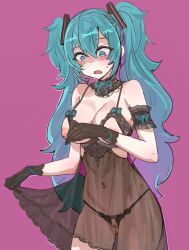  1girl ani_(xai) ani_(xai)_(cosplay) aqua_bow aqua_eyes aqua_hair arm_garter babydoll bare_shoulders black_gloves black_panties bow bow_(bhp) breasts cleavage cosplay covered_navel cowboy_shot crotchless crotchless_panties cupless_babydoll detached_collar gloves hatsune_miku inverted_nipples lingerie long_hair looking_down medium_breasts navel open_mouth panties pink_background pussy shaded_face sidelocks simple_background skirt_hold solo standing string_panties sweat sweatdrop twintails underwear vocaloid xai_(company) 