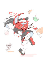  1girl aged_down antenna_hair ass backpack bag black_hair black_shirt black_shoes black_skirt black_wings blood blood_halo blue_archive bow braid braided_ponytail bread caterpillar crime_prevention_buzzer dog flute food frog from_behind gun hair_bow halo instrument liquid_halo long_hair looking_back low_wings panties randoseru recorder red_bag red_bow red_eyes red_halo running school_uniform shirt shoes simple_background skirt socks solo speech_bubble tsumori tsurugi_(blue_archive) underwear weapon white_background white_panties white_socks wings 