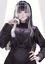  1girl absurdres alternate_costume black_hair black_nails black_shirt black_skirt blonde_hair blue_eyes blunt_bangs breasts collared_shirt dhbwinner earrings from_below hand_on_own_hip hand_up hashtag-only_commentary high-waist_skirt highres hime_cut hololive hololive_dev_is jewelry juufuutei_raden long_hair long_sleeves looking_at_viewer multicolored_hair nail_polish necklace shirt skirt solo standing two-tone_hair virtual_youtuber 