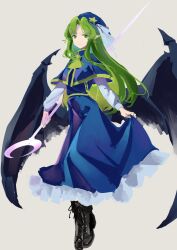  absurdres acor ascot black_boots blue_dress boots capelet chain clothes_lift crescent demon_wings dress frills ghost green_eyes green_hair hat highres lace-up_boots long_hair long_sleeves mima_(touhou) pointy_ears ribbon shirt simple_background skirt skirt_lift smile staff star_(symbol) story_of_eastern_wonderland touhou touhou_(pc-98) white_shirt wings yellow_ascot yellow_chain 
