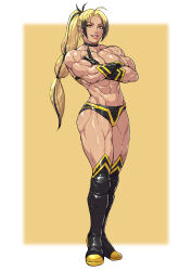  1girl 2022 abs absurdres biceps bikini black_bikini black_boots black_choker black_gloves black_hair black_scrunchie blonde_hair boots border breasts choker cirenk cleavage commission crossed_arms dark-skinned_female dark_skin female_focus gloves highres index_finger_raised large_breasts legs_together long_hair looking_at_viewer multicolored_boots multicolored_hair muscular muscular_female muscular_legs orange_lips original outside_border parted_bangs ponytail scrunchie second-party_source shiny_skin simple_background solo standing strapless strapless_bikini streaked_hair swimsuit tan thick_thighs thigh_boots thighs thong toned toned_female two-tone_boots two-tone_gloves wrestling_outfit yellow_background yellow_boots yellow_eyes yellow_trim 