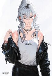  1girl absurdres black_jacket black_pants blue_eyes breasts cleavage closed_mouth cross cross_necklace ear_piercing flower_tattoo grey_hair highres jacket jewelry leather leather_jacket long_hair mole mole_under_eye necklace off_shoulder open_clothes open_jacket original pants piercing ryoga simple_background solo tank_top tattoo white_background white_tank_top 