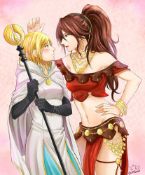 2girls artist_name bare_shoulders black_gloves blonde_hair blush bracelet brown_hair commentary dancer earrings eye_contact face-to-face gloves gumbat holding holding_staff hoop_earrings jewelry kabedon lipstick long_hair looking_at_another makeup midriff mole mole_under_mouth multiple_girls navel necklace octopath_traveler octopath_traveler_i ophilia_(octopath_traveler) ponytail primrose_azelhart profile red_lips revealing_clothes robe signature smile staff white_robe yuri rating:Sensitive score:18 user:danbooru