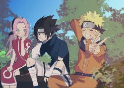  1girl 2boys amaoto250529 bike_shorts black_eyes black_hair black_shorts blonde_hair blue_shirt blush closed_eyes closed_mouth detached_sleeves dress facial_mark forehead_protector green_eyes haruno_sakura hashtag-only_commentary heart jacket konohagakure_symbol long_hair long_sleeves looking_at_another looking_at_viewer multiple_boys naruto_(classic) naruto_(series) orange_jacket orange_pants pants pink_hair red_dress shirt short_hair short_sleeves shorts sitting teeth uchiha_sasuke uzumaki_naruto v whisker_markings white_shorts 