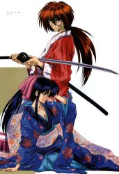  1boy 1girl absurdres blue_hair blue_kimono breasts cleavage collarbone cross_scar dark_blue_hair floral_print from_side hair_between_eyes hair_ribbon hand_on_floor hand_on_own_head highres himura_kenshin holding holding_sword holding_weapon japanese_clothes kamiya_kaoru katana kimono long_hair obi official_art on_floor ponytail print_kimono red_hair red_kimono ribbon rurouni_kenshin sash scabbard scar sheath sidelocks simple_background sitting sword unsheathed watsuki_nobuhiro weapon yokozuwari 