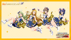 4girls anniversary bandai_namco belt blue_eyes blue_hair blue_skirt boots bow brown_hair bug butterfly buttons copyright_name copyright_notice english_text floating frilled_skirt frills green_eyes green_hair hair_bow highres idol_clothes idolmaster idolmaster_million_live! idolmaster_million_live!_theater_days insect multiple_girls official_art open_mouth orange_eyes plaid_clothes sakuramori_kaori shimabara_elena shinomiya_karen shoe_soles skirt star_(symbol) toyokawa_fuka v wrist_cuffs yellow_background