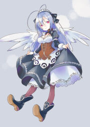  ahoge black_boots black_ribbon black_skirt boots corset emil_chronicle_online frills hair_ribbon highres long_hair maid maid_headdress mitama_kyrie pantyhose ribbon simple_background skirt skirt_hold tsukasa_takashi white_hair white_wings wings 