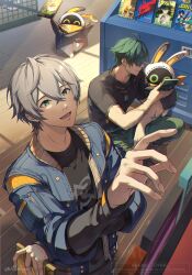  2boys :d ^_^ ahoge aketohgo arm_up artist_name bandana bangboo_(zenless_zone_zero) bangboo_6_(zenless_zone_zero) black_boots black_shirt blue_jacket boots buttons closed_eyes closed_mouth commentary_request crossed_bangs dog_tags dvd_case eous_(zenless_zone_zero) green_eyes green_hair green_pants grey_hair hair_between_eyes hands_up highres indoors jacket jewelry layered_sleeves lighter_(zenless_zone_zero) long_sleeves lower_teeth_only male_focus multiple_boys necklace open_clothes open_jacket open_mouth orange_bandana pants running scar scar_on_arm shirt shop short_hair short_over_long_sleeves short_sleeves smile squatting teeth twitter_username watermark wise_(zenless_zone_zero) wooden_floor zenless_zone_zero zipper zipper_pull_tab 