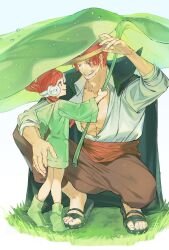  1boy 1girl black_cape boots cape commentary_request father_and_daughter full_body green_boots gunjo_shizuko hat headphones highres holding holding_leaf hood hooded_coat leaf leaf_umbrella leg_hair long_sleeves one_piece one_piece_film:_red red_hair red_sash sandals sash scar scar_on_face shanks_(one_piece) shirt squatting straw_hat uta_(one_piece) white_shirt 