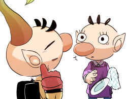  1boy 1girl :o ^^^ apron backpack bag big_nose black_bag black_eyes black_hair blue_pants closed_eyes cowboy_shot dress dropping eyelashes flat_color gloves highres holding holding_towel husband_and_wife iat-418 leaf looking_at_another motion_lines nervous_smile nintendo olimar olimar&#039;s_wife olimin open_mouth pants parted_lips pikmin_(series) plate pointing pointing_up pointy_nose purple_apron purple_dress red_gloves short_dress short_hair simple_background smile spacesuit speed_lines surprised towel unusually_open_eyes upper_body very_short_hair white_background 