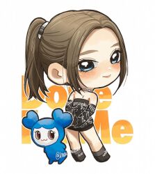  1girl animification black_dress black_footwear blue_eyes brown_hair chibi choker commentary dress elbow_gloves english_commentary from_behind gloves hair_behind_ear k-pop leaning_forward long_hair looking_at_viewer looking_back maionce21 pink_lips ponytail real_life smile solo strapless strapless_dress third-party_source twice_(group) twitter_username tzuvely_(twice) tzuyu_(twice) 