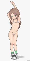  1girl alfa_j0r armpits arms_behind_head arms_up artist_name bare_legs bikini black_choker bracelet brown_hair choker closed_mouth earclip female_focus full_body green_eyes green_socks groin hair_ornament hairclip highleg highleg_bikini highres jewelry loli long_hair micro_bikini midriff navel original parted_bangs shoes shorts sidelocks signature smile sneakers socks solo standing star_(symbol) swimsuit thigh_gap thighs underwear white_bikini white_shoes 