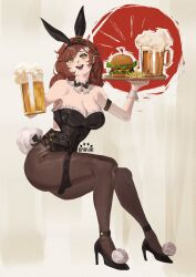  1girl :d absurdres alcohol animal_ears anklet armlet artist_name bare_shoulders beer beer_mug black_bow black_bowtie black_leotard black_pantyhose black_shoes bow bowtie brown_hair bunny_bunny_(reverse:1999) burger clothing_cutout cup detached_collar fake_animal_ears flower foam food french_fries full_body green_eyes grey_background hair_flower hair_ornament hands_up high_heels highres holding holding_cup holding_tray invisible_chair jewelry leotard long_hair mug open_mouth pantyhose playboy_bunny pom_pom_footwear rabbit_ears rabbit_tail reverse:1999 ripshinaide shoes side_cutout sitting smile solo strapless strapless_leotard tail teeth traditional_bowtie tray upper_teeth_only white_wrist_cuffs wrist_cuffs 