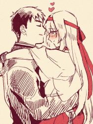 10s 1boy 1girl blush couple headband heart hetero hinaki_eiji hug kantai_collection monochrome shigemitsu_jun shoukaku_(kancolle) simple_background smile 