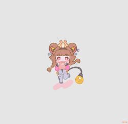  +_+ 1010_(wuthering1100) 1girl absurdres artist_name black_gloves boots box braid brown_hair chibi chibi_only commentary_request fingerless_gloves gloves grey_background hair_rings highres holding holding_box jacket light_bulb looking_at_viewer low_twin_braids lumi_(wuthering_waves) mechanical_tail pink_eyes pink_jacket simple_background single_leg_bodysuit single_thigh_boot solo standing standing_on_one_leg tacet_mark_(wuthering_waves) tail thigh_boots twin_braids white_boots wuthering_waves 