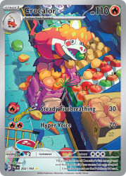  akikan_(kantaro) animal_focus apple artist_name banana bright_pupils card_(medium) carrot character_name company_name copyright_name copyright_notice crocalor english_text food food_in_mouth fruit fuecoco full_body grocery_store indoors nintendo no_humans nostrils official_art onion pokemon pokemon_(creature) pokemon_card pokemon_focus pokemon_tcg purple_bag sharp_teeth shopping_cart solo teeth third-party_source trading_card white_pupils 