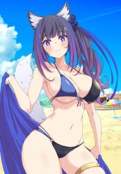  1girl absurdres animal_ear_fluff animal_ears beach beach_house beach_towel beach_umbrella bikini black_bikini black_hair blue_eyes blue_hair blue_sky blush breasts cleavage cloud collarbone front-tie_bikini_top front-tie_top groin hair_ornament hair_scrunchie hairclip highres kichihachi large_breasts long_hair looking_at_viewer multicolored_hair navel o-ring o-ring_bikini outdoors sand scrunchie side_ponytail skindentation sky smile solo streaked_hair swimsuit tail thigh_strap thighs towel umbrella underboob virtual_youtuber wolf_ears wolf_girl wolf_tail yoshibana_kokoro 