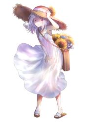  1girl dairoku_ryouhei dress expressionless flower full_body hat hat_flower looking_at_viewer lumerie_maleficarum medium_hair mugu1 red_eyes sandals solo standing straw_hat sunflower transparent_background white_dress white_hair 