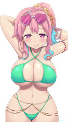  1girl armpits arms_behind_head arms_up bikini blush breasts changing_room cleavage commentary earrings eyewear_on_head flower glint hair_flower hair_ornament heart heart-shaped_eyewear highleg highleg_bikini highres hoop_earrings hozuki_kaede jewelry kasai_shin large_breasts licking_lips long_hair looking_at_viewer multicolored_hair navel o-ring onii-chan_wa_oshimai! pink-tinted_eyewear pink_eyes pink_hair pink_pupils side_ponytail signature simple_background solo sunglasses swimsuit thick_thighs thighs tinted_eyewear tongue tongue_out two-tone_hair underboob white_background wide_hips yellow_flower  rating:Sensitive score:73 user:danbooru