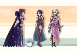  1girl 1other 2boys alcryst_(fire_emblem) aqua_fur blue_hair fascinator fire_emblem fire_emblem_engage fishnet_thighhighs fishnets highres ivy ivy_(fire_emblem) multiple_boys nintendo prince princess purple_eyes purple_hair rafal_(fire_emblem) see-through_clothes see-through_headwear shi-on sommie_(fire_emblem) spiked thighhighs thorn_print tri_tails two-tone_fur white_fur white_hair 