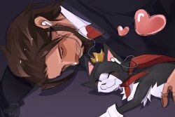  1boy animal arm_up black_fur black_jacket black_suit brown_facial_hair brown_hair cait_sith_(final_fantasy) cape cat closed_eyes clothed_animal collared_shirt commentary crown earbuds earphones english_commentary facial_hair fang final_fantasy final_fantasy_vii formal_clothes gloves heart highres jacket light_smile lying male_focus mini_crown multicolored_fur necktie on_side photo-referenced red_cape red_necktie reeve_tuesti shirt short_hair sketch suit upper_body watermark white_fur white_gloves white_shirt xen1gmat1cax 