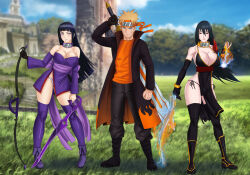  1boy amenoosa black_hair black_jacket blonde_hair blue_eyes breasts byakugan facial_mark fingerless_gloves forehead_protector genderswap genderswap_(mtf) gloves holding holding_sword holding_weapon hyuuga_hinata jacket konohagakure_symbol large_breasts long_hair naruto_(series) ninja sharingan short_hair single_fingerless_glove single_glove spiked_hair sword uchiha_sasuke uzumaki_naruto weapon whisker_markings 