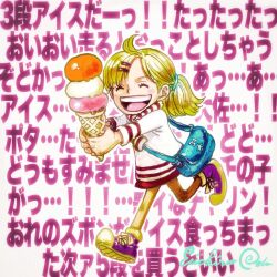  1girl ^_^ bag blonde_hair closed_eyes commentary_request food full_body holding holding_food holding_ice_cream ice_cream oda_eiichirou one_piece open_mouth satchel scarf shoes signature sneakers solo teeth translation_request upper_teeth_only yu_(one_piece) 