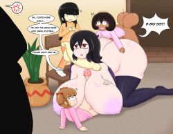  2girls 3futa :o age_difference angry ass black_hair black_thighhighs bottomless breasts brown_hair caught doggystyle english_text futa_with_female futanari grabbing_from_behind grabbing_own_breast gradient_background group_sex huge_ass huge_breasts huge_penis huge_testicles loli long_hair looking_at_viewer medium_hair multiple_futa multiple_girls nipples open_mouth original penis red_eyes scared sex sex_from_behind sitting size_difference speech_bubble testicles thighhighs top-down_bottom-up touhoufan twintails 
