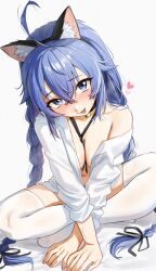  1girl ahoge animal_ear_fluff animal_ears artist_name bell between_breasts black_ribbon blue_eyes blue_hair braid breasts commentary crossed_bangs english_commentary fake_animal_ears hair_between_eyes hair_ribbon heart highres long_hair long_sleeves looking_at_viewer low_twin_braids medium_breasts mushoku_tensei neck_bell no_shoes pubic_hair pubic_hair_peek ribbon roxy_migurdia shirt sitting thighhighs thighs tongue tongue_out twin_braids twitter_username very_long_hair waligner white_shirt white_thighhighs 