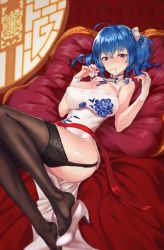 124 1girl ahoge alternate_costume ass azur_lane bare_arms bare_shoulders blue_hair blush bottle bow braid breasts china_dress chinese_clothes cleavage dress elbow_gloves feet female_focus floral_print garter_straps gloves hair_between_eyes hair_bow hair_ribbon high_heels highres holding holding_bottle large_breasts long_hair looking_at_viewer lying mouth_hold on_back pillow ponytail pouring purple_eyes ribbon ribbon_in_mouth shiny_skin shoes side_braid side_slit sidelocks single_shoe sitting skindentation smile solo st._louis_(azur_lane) st._louis_(blue_and_white_pottery)_(azur_lane) thighhighs thighs twin_braids white_bow white_gloves white_ribbon white_shoes white_thighhighs 