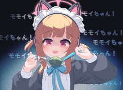  1girl absurdres animal_ear_headphones animal_ears apron black_dress blonde_hair blue_archive blue_bow blue_bowtie bow bowtie cat_ear_headphones cat_ears collared_dress commentary contrast_collar cord_pull dress fake_animal_ears frilled_apron frills halo hands_up headphones highres holding jhsd light_blush long_sleeves looking_at_viewer maid maid_apron maid_headdress momoi_(blue_archive) momoi_(maid)_(blue_archive) official_alternate_costume official_alternate_hairstyle open_mouth pink_eyes pink_halo puffy_long_sleeves puffy_sleeves shaded_face short_hair short_twintails shukusei!!_loli-kami_requiem sidelocks smile solo text_background twintails upper_body virtual_pet_(toy) white_apron white_headdress 