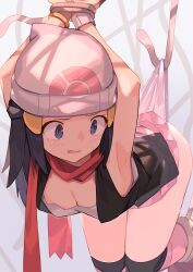  1girl armpits beanie black_hair blue_eyes blush breasts cleavage creatures_(company) dawn_(pokemon) game_freak hanging_wedgie hat highres medium_breasts nintendo panties pink_panties pink_skirt pokemon pokemon_dppt red_scarf scarf short_hair skirt solo spring2013 suspension tears tentacles thighs underwear wedgie white_hat  rating:Questionable score:298 user:danbooru
